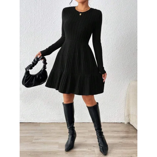 Kadın Uzun Kollu Bisiklet Yaka Kemersiz Eteği Pileli şardonlu Kaşkorse Elbise