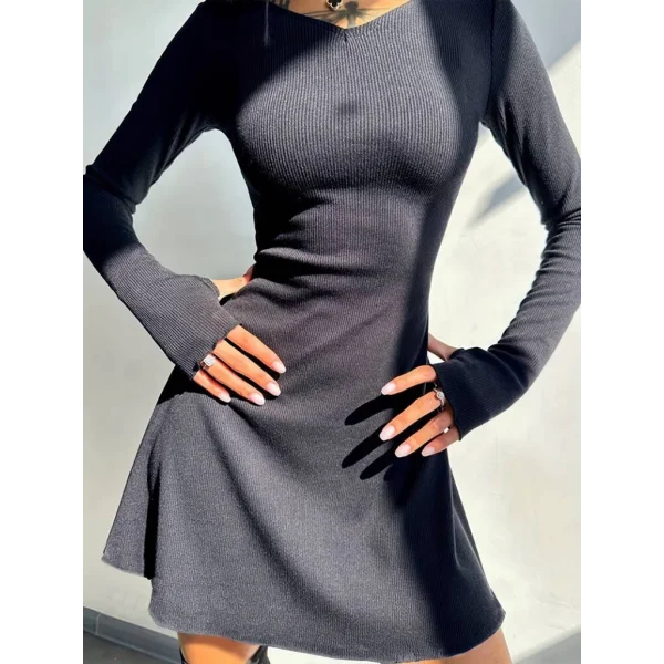 Kadın Uzun Kollu Bisiklet Yaka Kısa Kaşkorse Elbise