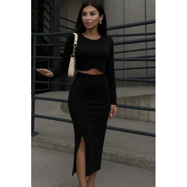 Kadın Uzun Kollu Bisiklet Yaka Kısa Krop Dalgıç Bluz Ile önden Yırtmaçlı Uzun Etek Ikili Takım