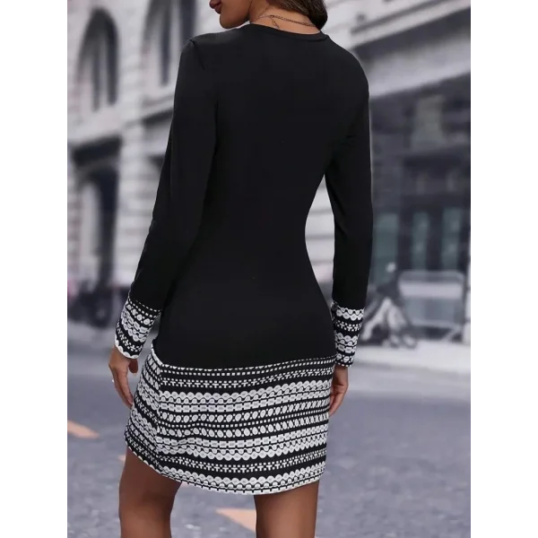 Kadın Uzun Kollu Bisiklet Yaka Kol Ağzı Ve Etek Ucu Baskılı Iki Iplik Elbise