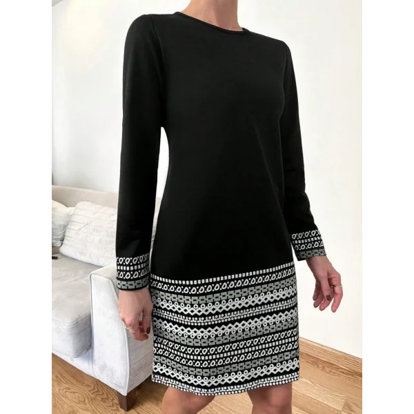 Kadın Uzun Kollu Bisiklet Yaka Kol Ağzı Ve Etek Ucu Baskılı Iki Iplik Elbise