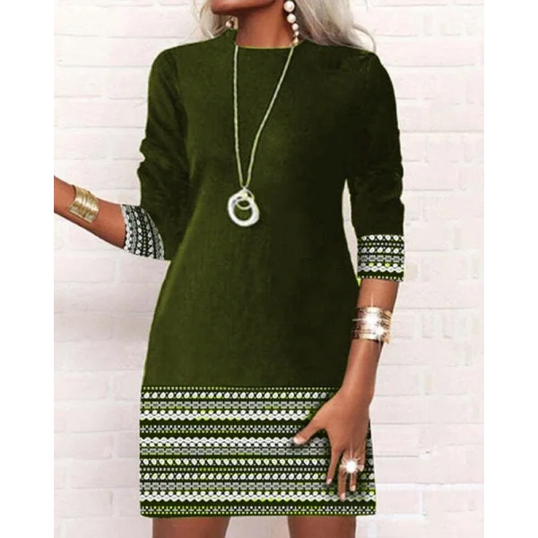 Kadın Uzun Kollu Bisiklet Yaka Kol Ağzı Ve Etek Ucu Baskılı Iki Iplik Elbise