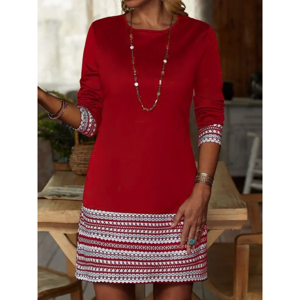 Kadın Uzun Kollu Bisiklet Yaka Kol Ağzı Ve Etek Ucu Baskılı Iki Iplik Elbise