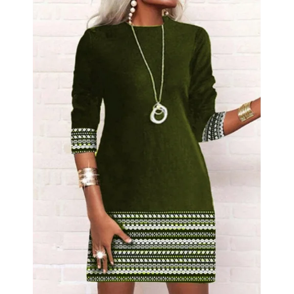 Kadın Uzun Kollu Bisiklet Yaka Kol Ağzı Ve Etek Ucu Baskılı Iki Iplik Elbise