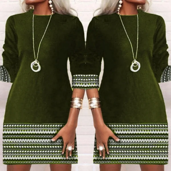 Kadın Uzun Kollu Bisiklet Yaka Kol Ağzı Ve Etek Ucu Baskılı Iki Iplik Elbise