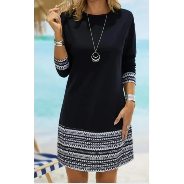 Kadın Uzun Kollu Bisiklet Yaka Kol Ağzı Ve Etek Ucu Baskılı Iki Iplik Elbise