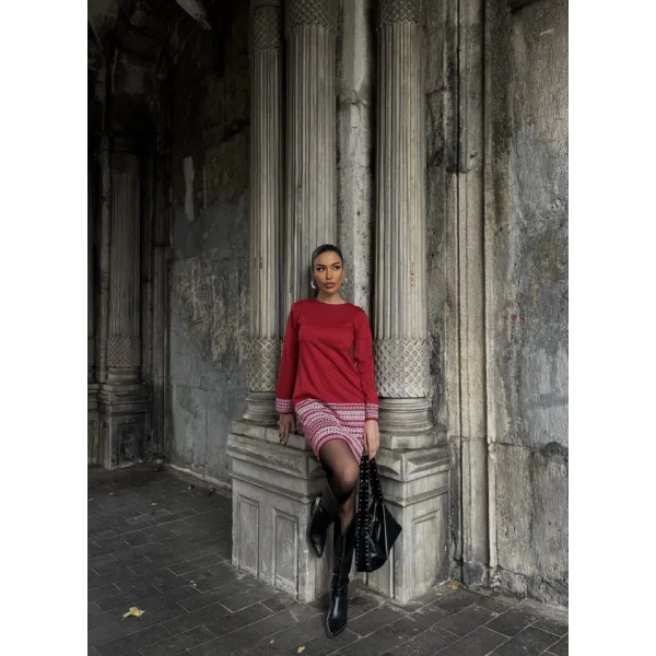 Kadın Uzun Kollu Bisiklet Yaka Kol Ağzı Ve Etek Ucu Baskılı Iki Iplik Elbise