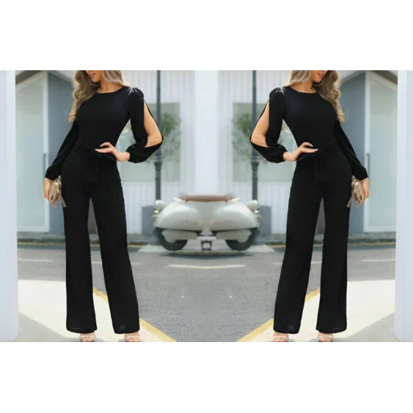 Kadın Uzun Kollu Bisiklet Yaka Kolda Yırtmaç Detay Krep Tam Boy Tulum