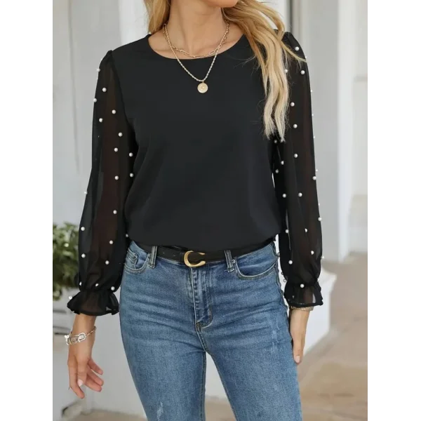 Kadın Uzun Kollu Bisiklet Yaka Kollar Incili Tül Detaylı Ithal Krep Bluz