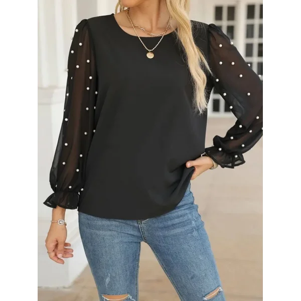 Kadın Uzun Kollu Bisiklet Yaka Kollar Incili Tül Detaylı Ithal Krep Bluz