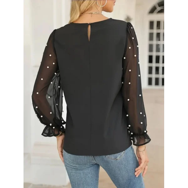 Kadın Uzun Kollu Bisiklet Yaka Kollar Incili Tül Detaylı Ithal Krep Bluz