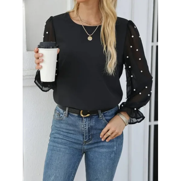Kadın Uzun Kollu Bisiklet Yaka Kollar Incili Tül Detaylı Ithal Krep Bluz