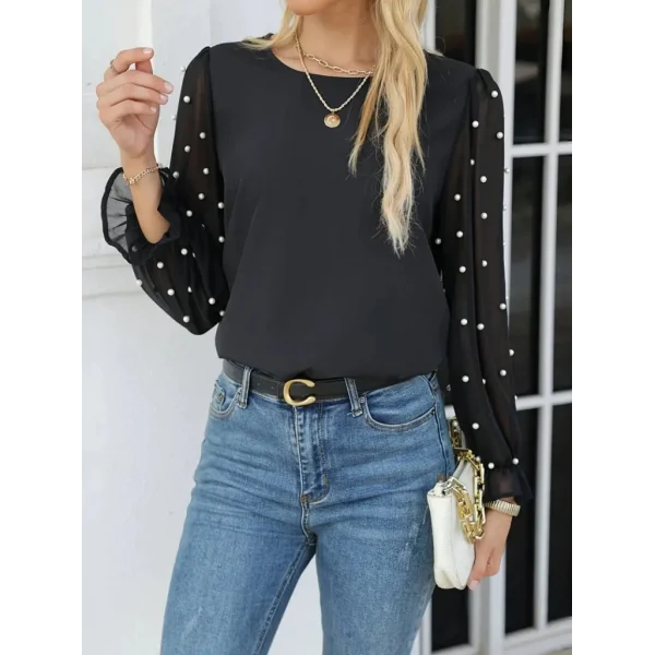 Kadın Uzun Kollu Bisiklet Yaka Kollar Incili Tül Detaylı Ithal Krep Bluz