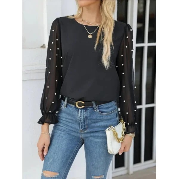 Kadın Uzun Kollu Bisiklet Yaka Kollar Incili Tül Detaylı Ithal Krep Bluz