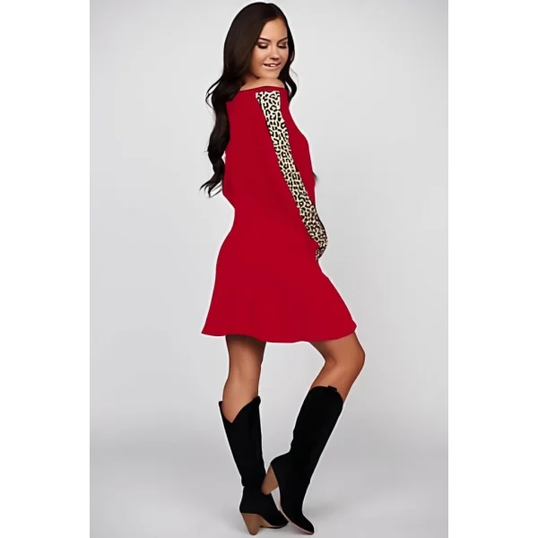 Kadın Uzun Kollu Bisiklet Yaka Kollar Leopar Detay Iki Iplik Mini Boy Elbise