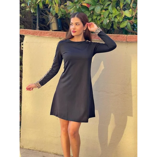 Kadın Uzun Kollu Bisiklet Yaka Kollar Leopar Detay Iki Iplik Mini Boy Elbise