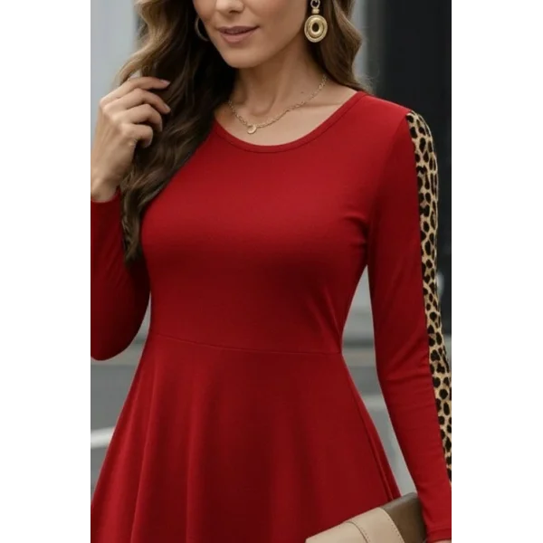 Kadın Uzun Kollu Bisiklet Yaka Kollar Leopar Detay Iki Iplik Mini Boy Elbise