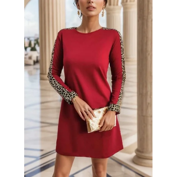 Kadın Uzun Kollu Bisiklet Yaka Kollar Leopar Detay Iki Iplik Mini Boy Elbise