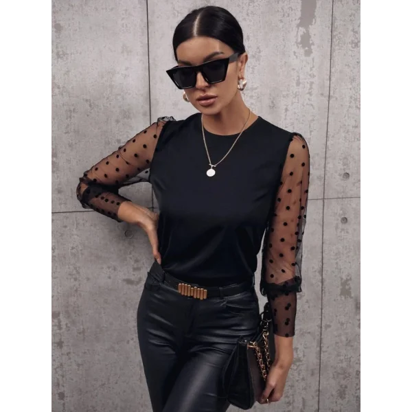 Kadın Uzun Kollu Bisiklet Yaka Kollar Puantiyeli Tül Detaylı Sandy Bluz