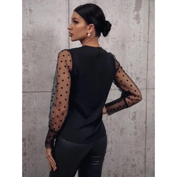 Kadın Uzun Kollu Bisiklet Yaka Kollar Puantiyeli Tül Detaylı Sandy Bluz