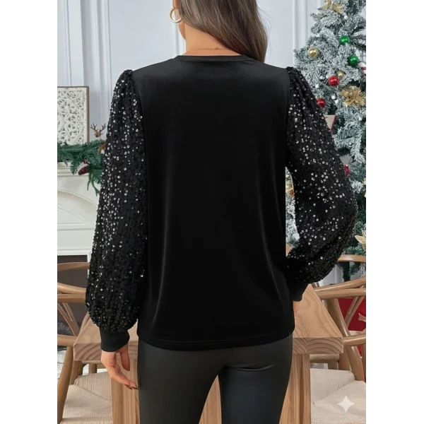 Kadın Uzun Kollu Bisiklet Yaka Kollar Pulpayet Kadife Bluz