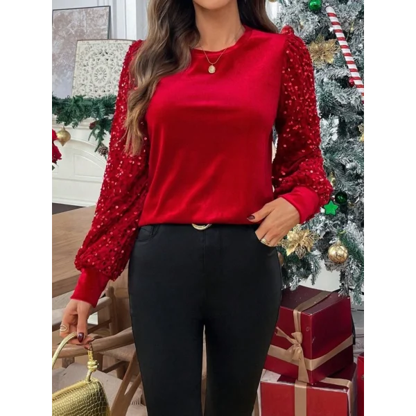 Kadın Uzun Kollu Bisiklet Yaka Kollar Pulpayet Kadife Bluz