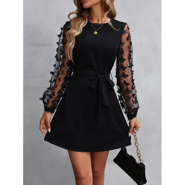 Kadın Uzun Kollu Bisiklet Yaka Kollar Tül Kelebek Detaylı Ithal Krep Elbise