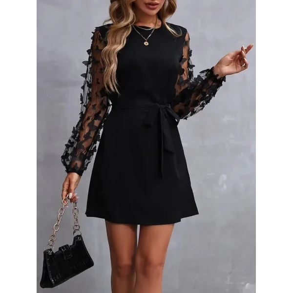 Kadın Uzun Kollu Bisiklet Yaka Kollar Tül Kelebek Detaylı Ithal Krep Elbise