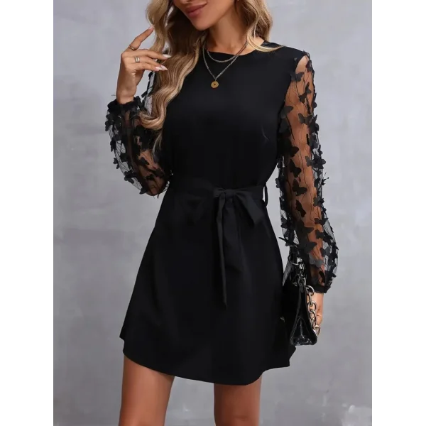 Kadın Uzun Kollu Bisiklet Yaka Kollar Tül Kelebek Detaylı Ithal Krep Elbise