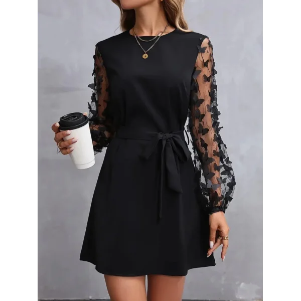 Kadın Uzun Kollu Bisiklet Yaka Kollar Tül Kelebek Detaylı Ithal Krep Elbise