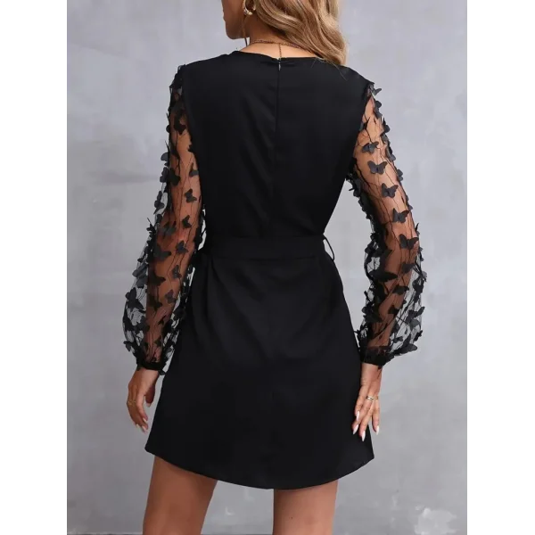 Kadın Uzun Kollu Bisiklet Yaka Kollar Tül Kelebek Detaylı Ithal Krep Elbise