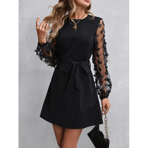 Kadın Uzun Kollu Bisiklet Yaka Kollar Tül Kelebek Detaylı Ithal Krep Elbise