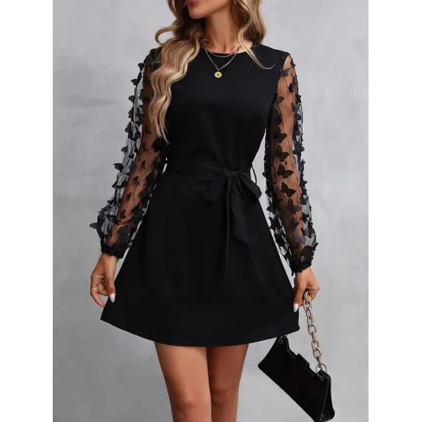 Kadın Uzun Kollu Bisiklet Yaka Kollar Tül Kelebek Detaylı Ithal Krep Elbise