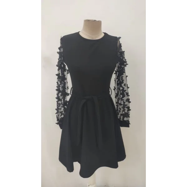 Kadın Uzun Kollu Bisiklet Yaka Kollar Tül Kelebek Detaylı Ithal Krep Elbise