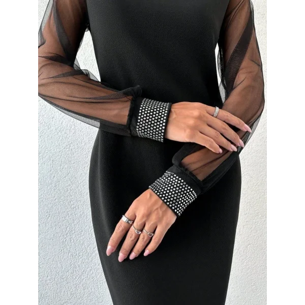 Kadın Uzun Kollu Bisiklet Yaka Kollar Tül Manşet Taş Işlemeli Krep Elbise