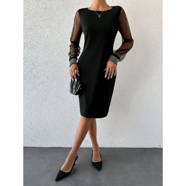 Kadın Uzun Kollu Bisiklet Yaka Kollar Tül Manşet Taş Işlemeli Krep Elbise