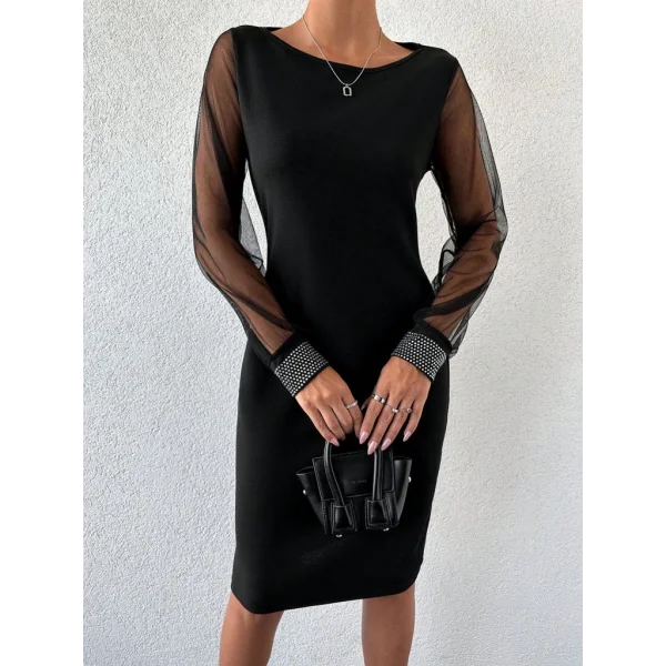 Kadın Uzun Kollu Bisiklet Yaka Kollar Tül Manşet Taş Işlemeli Krep Elbise