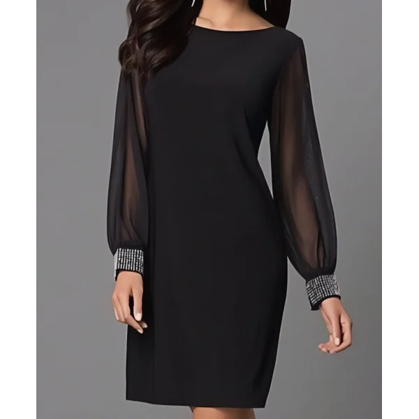 Kadın Uzun Kollu Bisiklet Yaka Kollar Tül Manşet Taş Işlemeli Krep Elbise