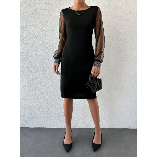 Kadın Uzun Kollu Bisiklet Yaka Kollar Tül Manşet Taş Işlemeli Krep Elbise