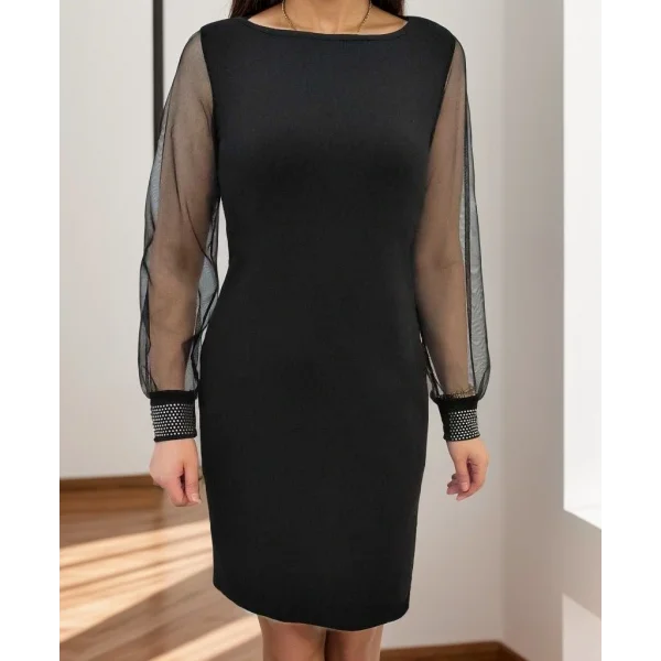 Kadın Uzun Kollu Bisiklet Yaka Kollar Tül Manşet Taş Işlemeli Krep Elbise