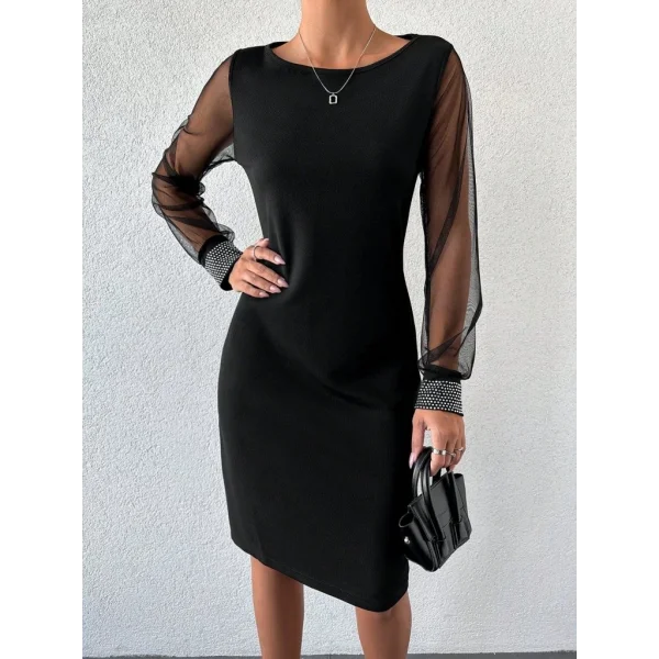 Kadın Uzun Kollu Bisiklet Yaka Kollar Tül Manşet Taş Işlemeli Krep Elbise