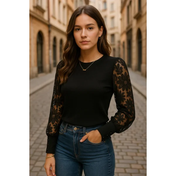 Kadın Uzun Kollu Bisiklet Yaka Kolları çiçekli Waffle Bluz