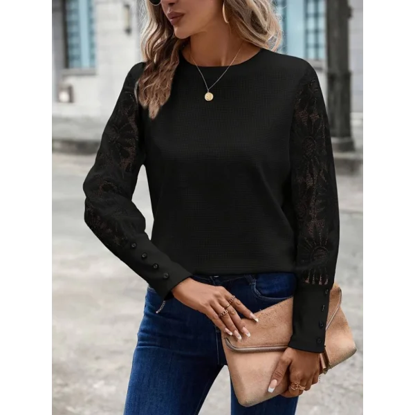 Kadın Uzun Kollu Bisiklet Yaka Kolları çiçekli Waffle Bluz