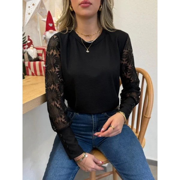 Kadın Uzun Kollu Bisiklet Yaka Kolları çiçekli Waffle Bluz