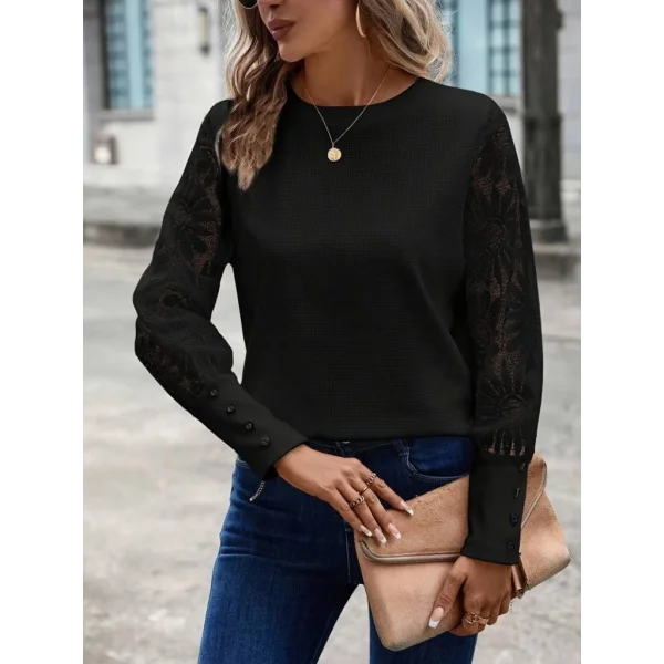 Kadın Uzun Kollu Bisiklet Yaka Kolları çiçekli Waffle Bluz