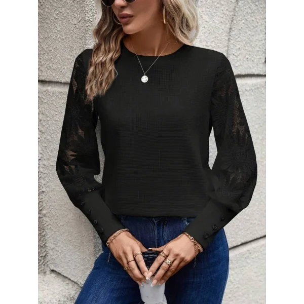 Kadın Uzun Kollu Bisiklet Yaka Kolları çiçekli Waffle Bluz