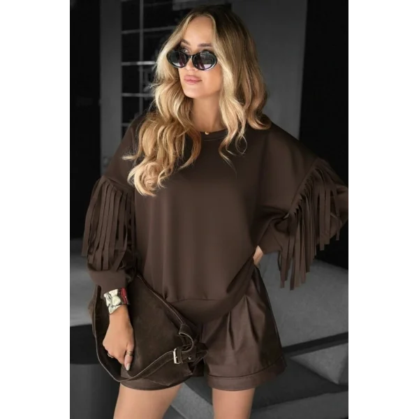 Kadın Uzun Kollu Bisiklet Yaka Kolları Püsküllü Modal Bluz