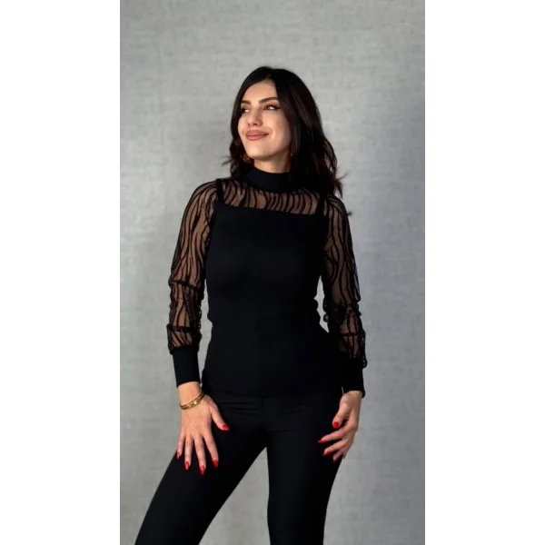 Kadın Uzun Kollu Bisiklet Yaka Kolları Tül Detay Kaşkorse Kumaş Bluz