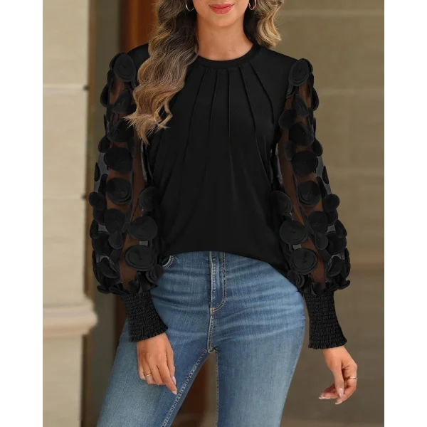 Kadın Uzun Kollu Bisiklet Yaka Kolları Tül Detaylı Nervürlü Ithal Krep Bluz