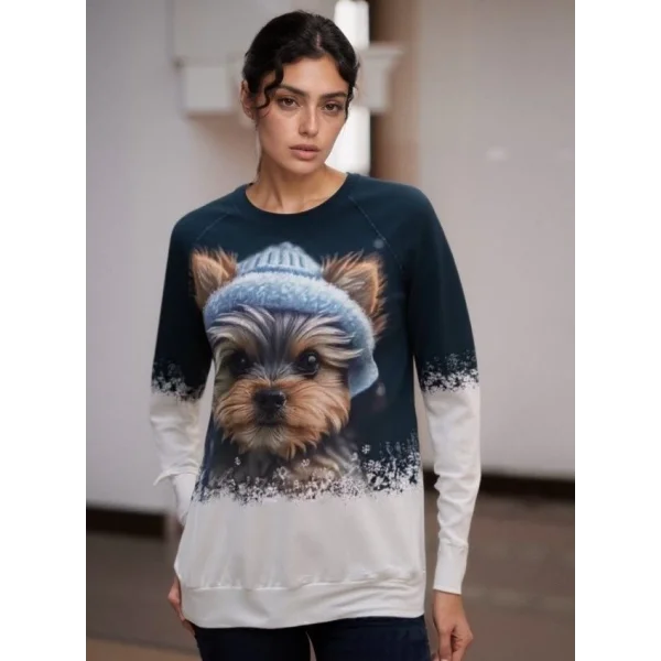 Kadın Uzun Kollu Bisiklet Yaka Köpek Baskılı şardonlu Dalgıç Bluz